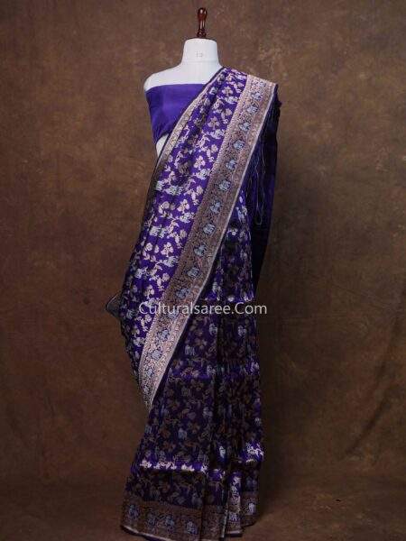 Royal Blue Banarasi Handloom Horse & Elephant Figure Jaal Silk Saree