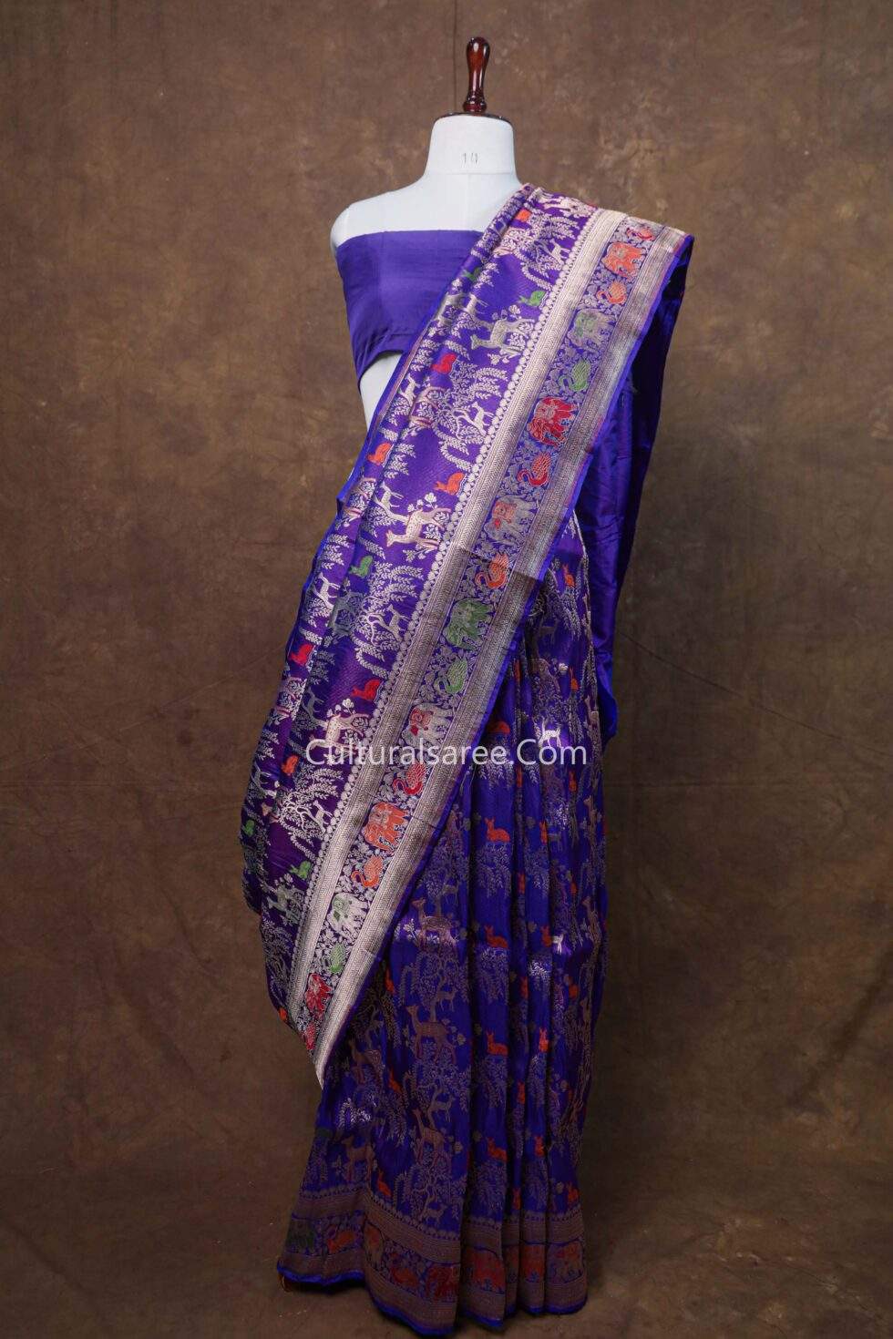 Purple Blue Banarasi Handloom Shikargah Figure Hiran Jaal Silk Saree