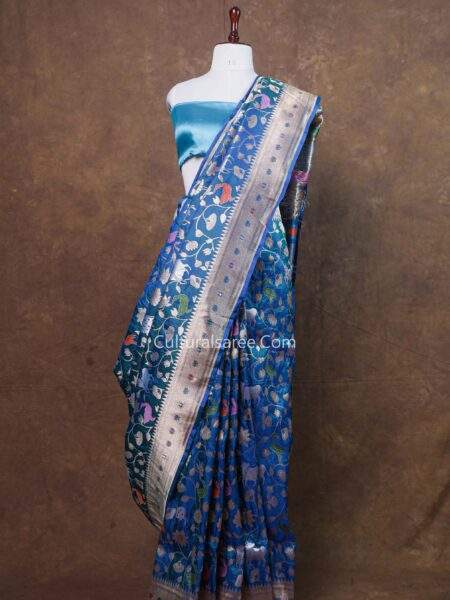 Peacock Blue Banarasi Handcrafted Silk Pichavayi Jaal Saree