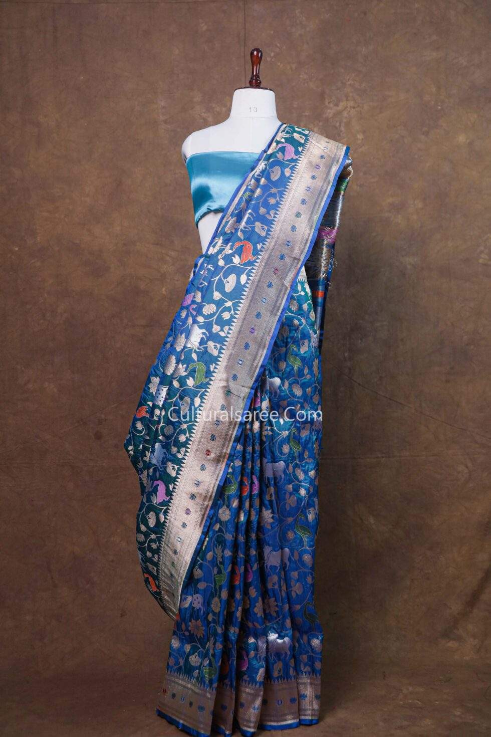 Peacock Blue Banarasi Handcrafted Silk Pichavayi Jaal Saree