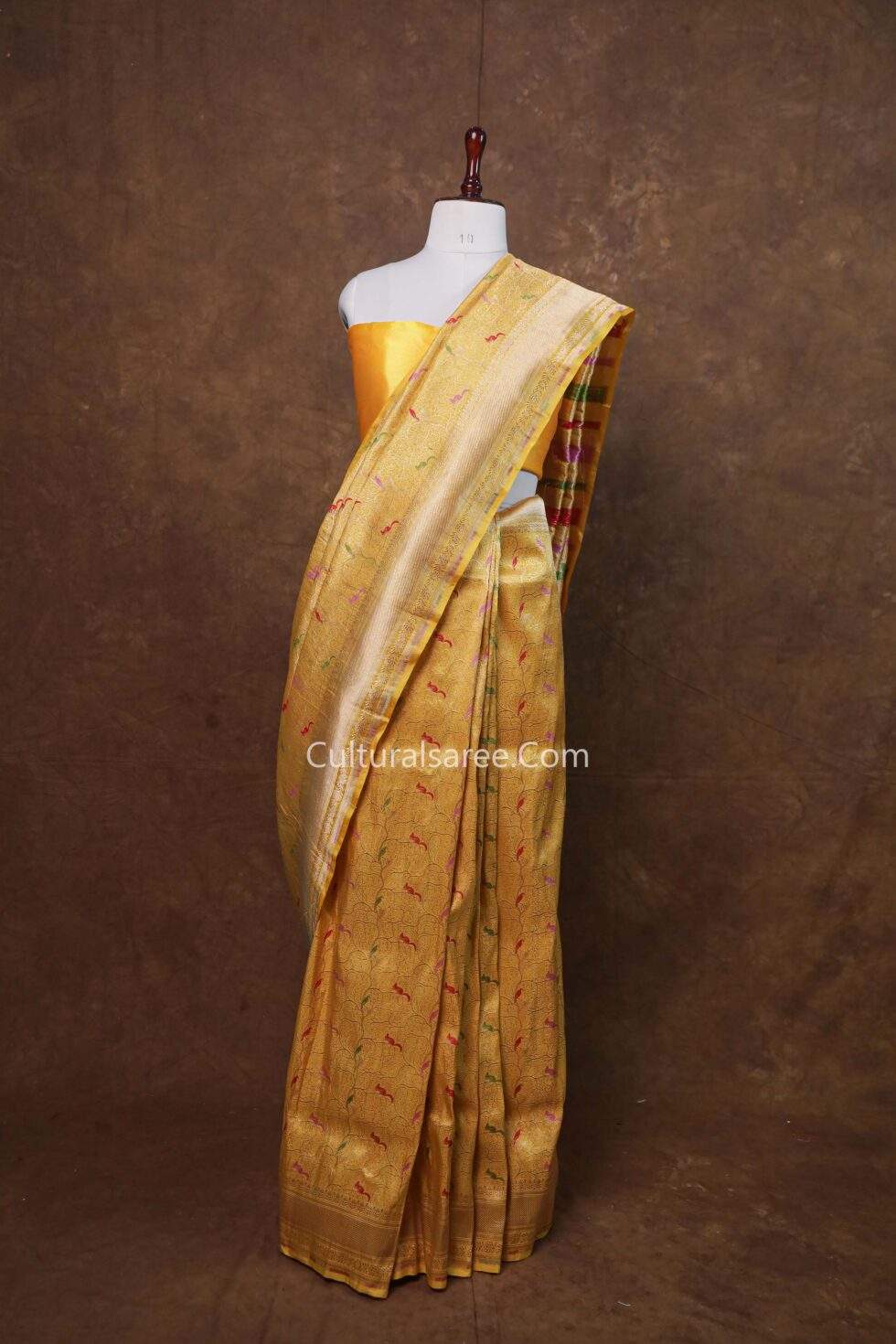 Royal Yellow Banrasi Handloom Squirel & Birrd Motif saree